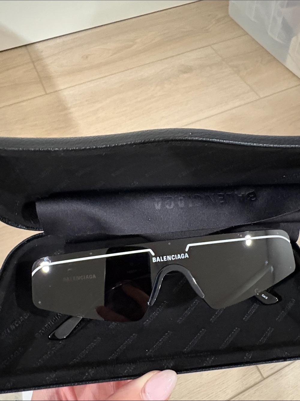 Balenciaga Black Flat Top Shield Sunglasses with White Trim